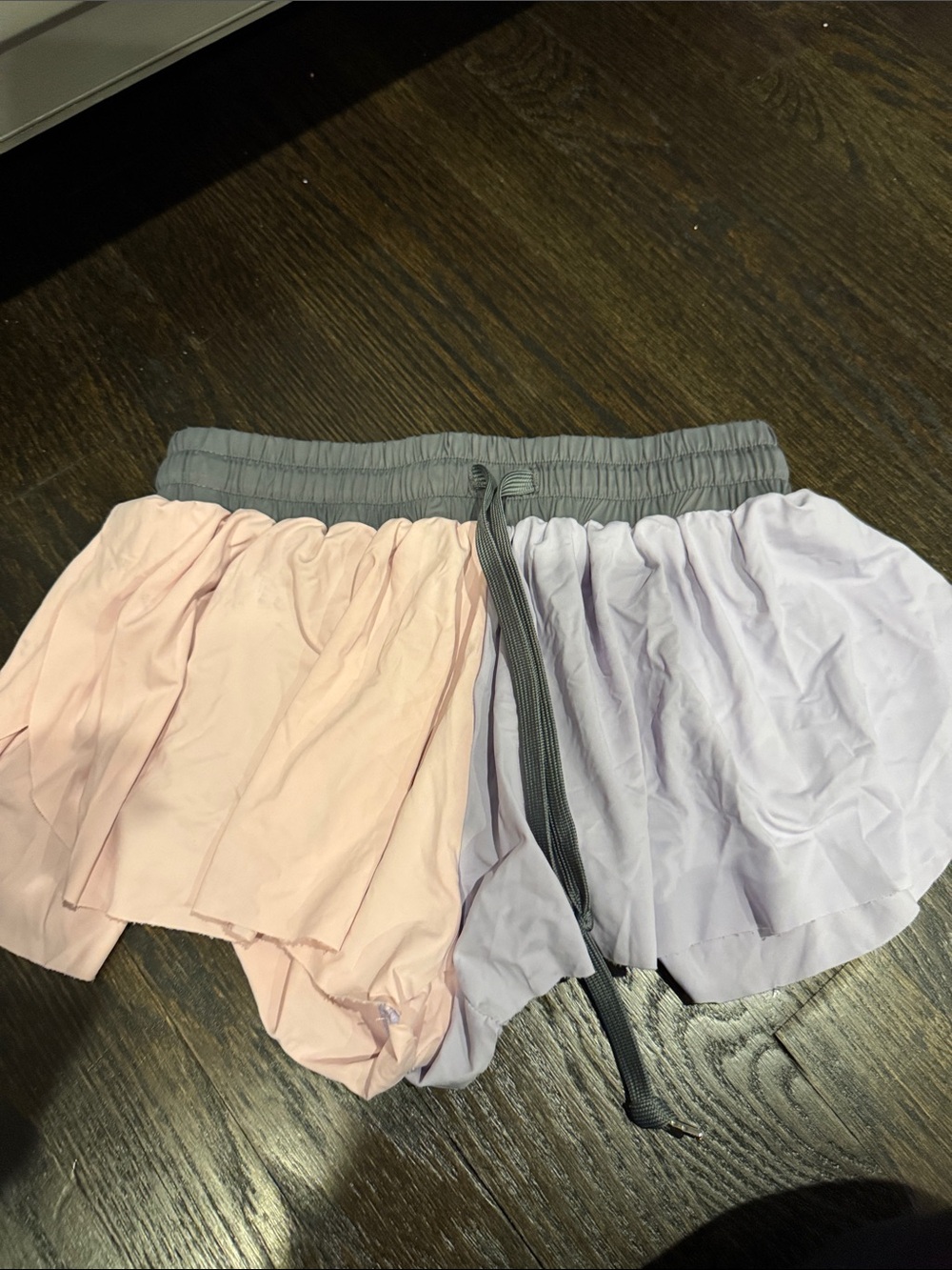 Katie J NYC Two-Tone Pink and Lavender Ruffle Shorts with Gray Waistband